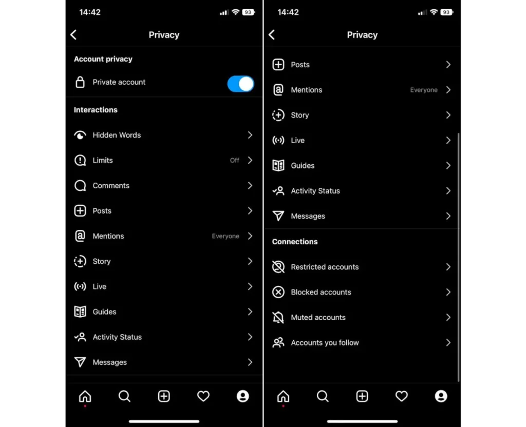 Instagram settings menu and the function of each option